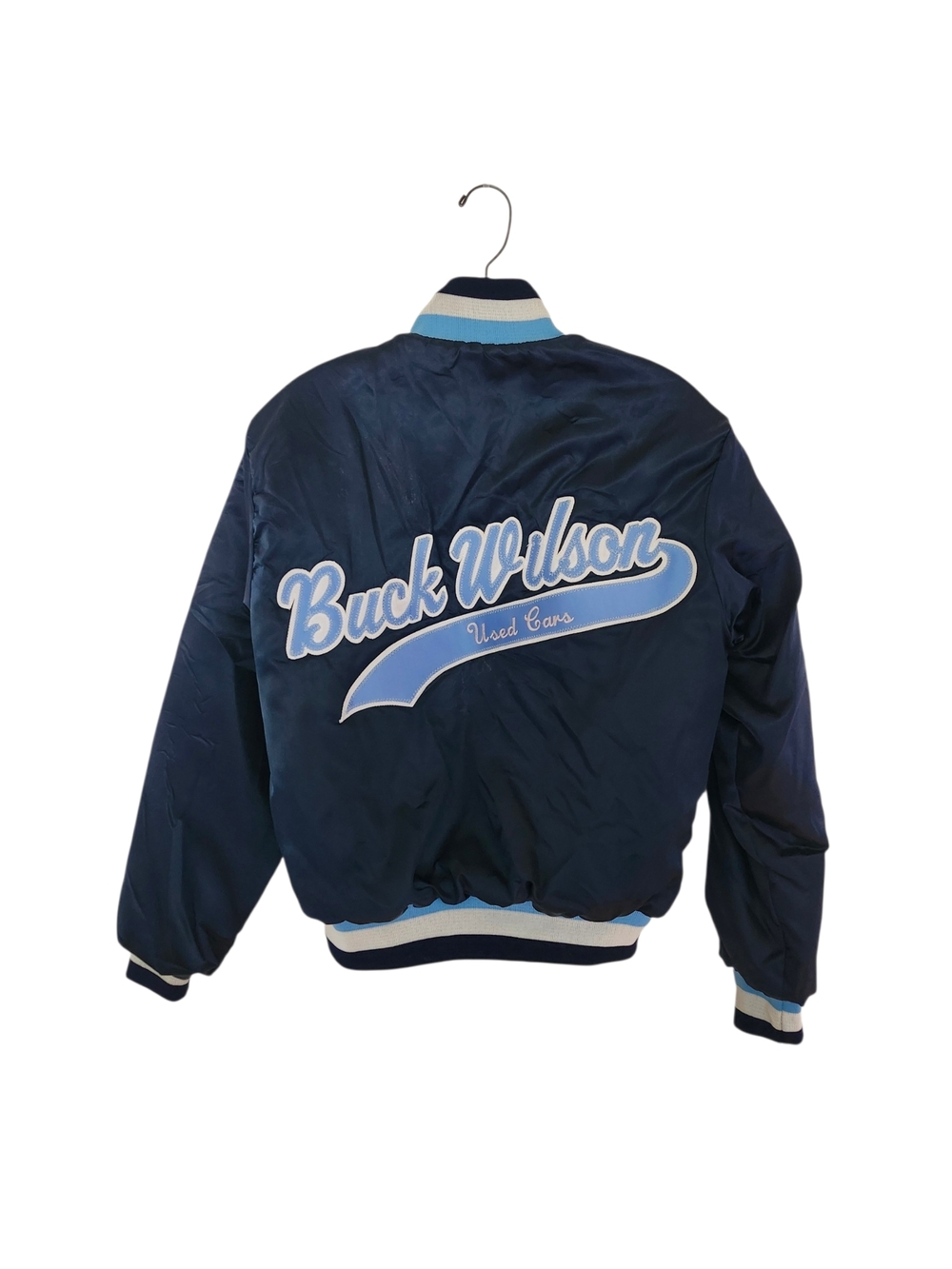 Vintage Navy Satin Buck Wilson Used Cars Bomber Jacket